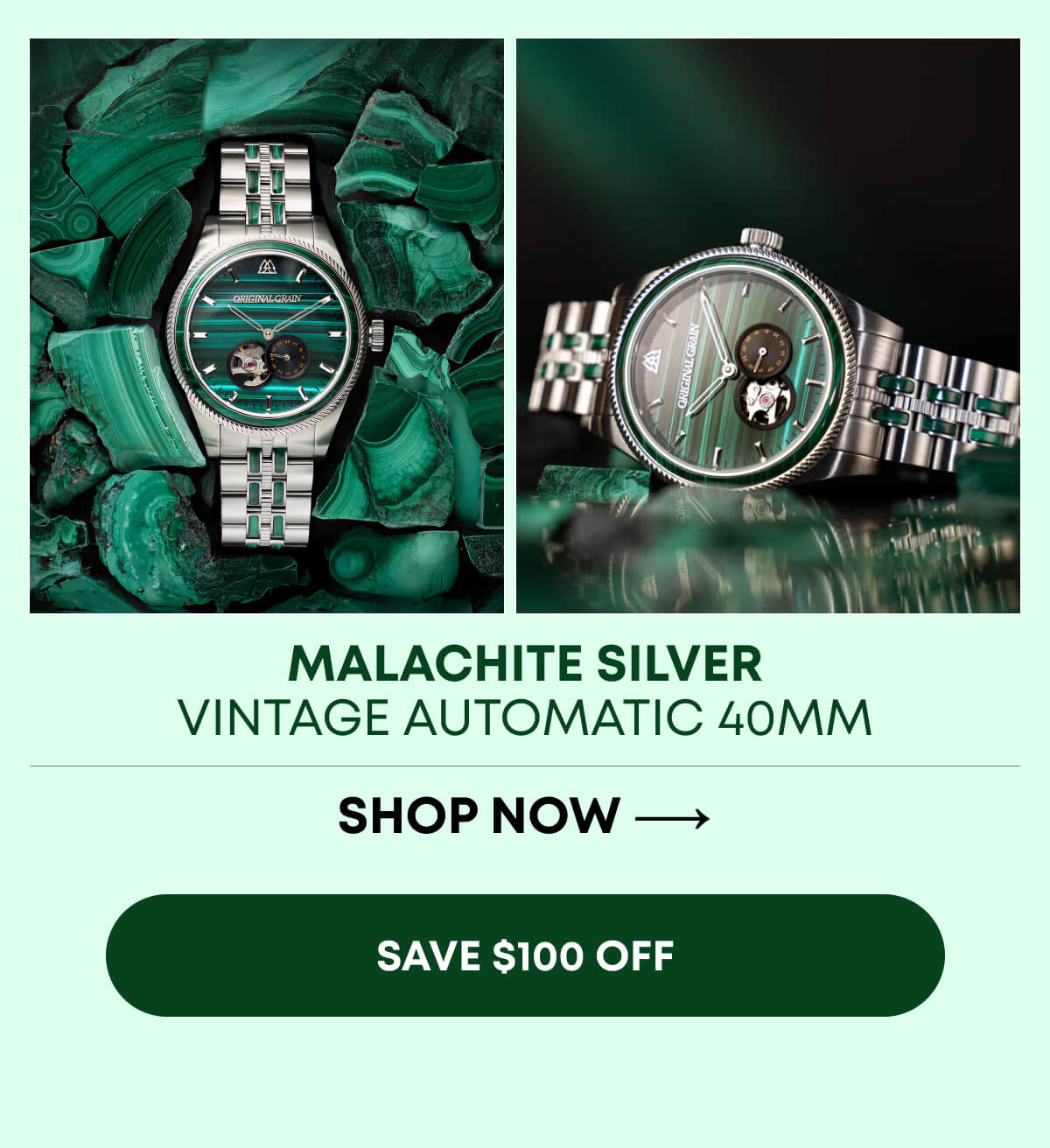 Malachite Silver Vintage Auto 40mm