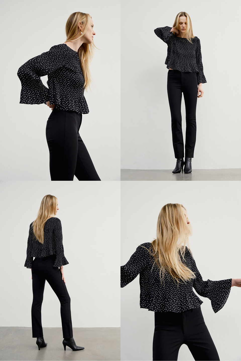 A swingy floaty pleated top with a subtle cropped peplum, bell sleeve, and a ballerina neckline.