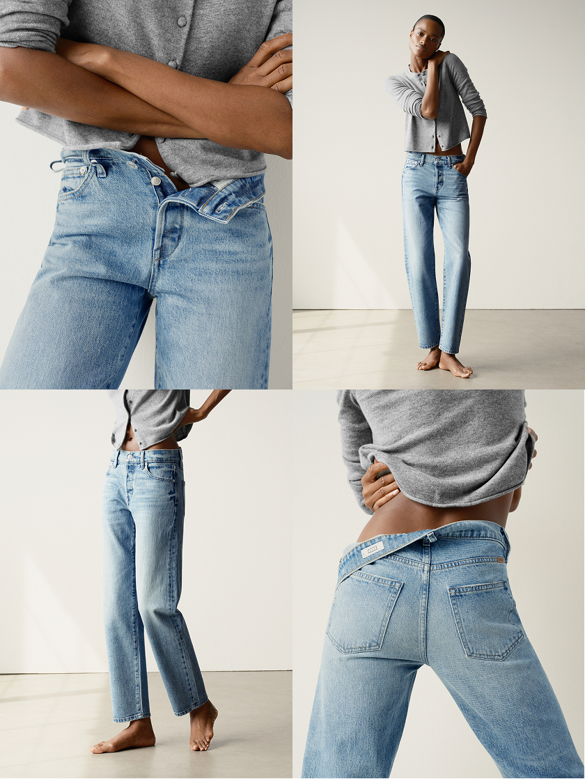 Subtle tapered leg with a feminine waist, button fly, cute bum.