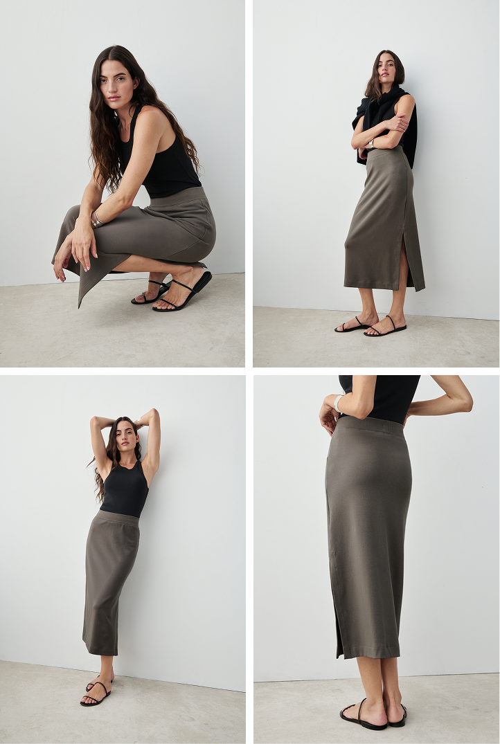 Our newest color. Peruvian pima modal–smooth, soft, low-key luxurious– cut into a versatile, body-skimming column skirt.
