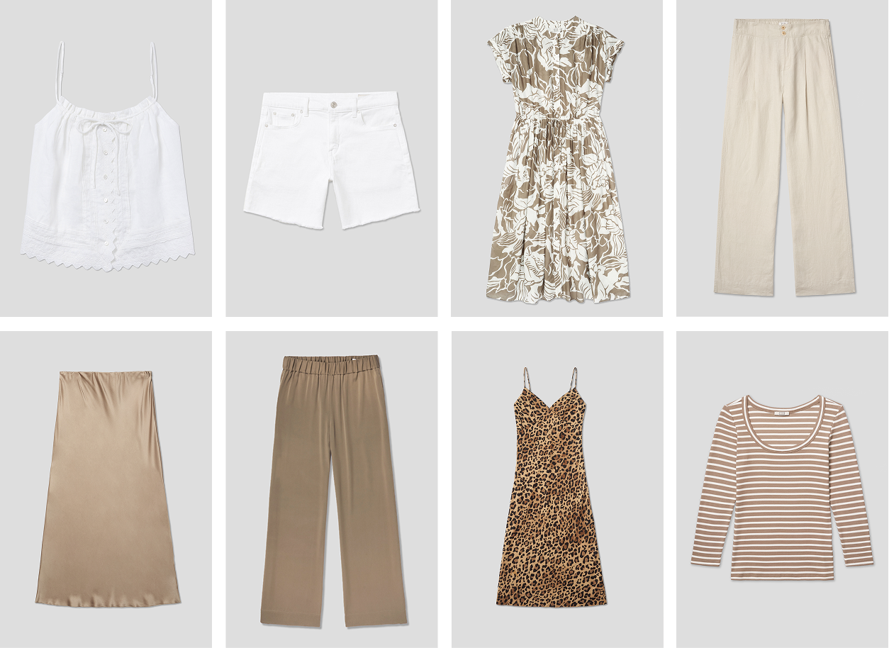 100% silk dresses and skirts, soft cotton tees, and made in L.A. denim.