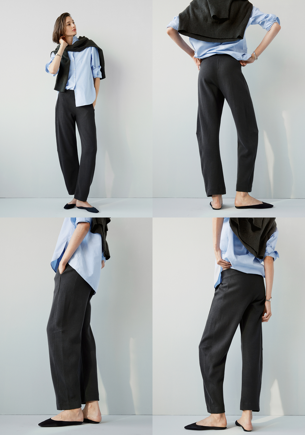 Shown in Asphalt. Easy barrel leg with a flattering waistband.