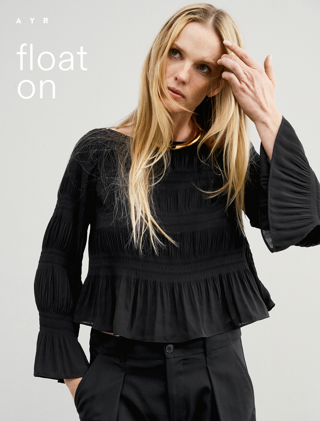 float on. a swingy floaty pleated top. shop now.