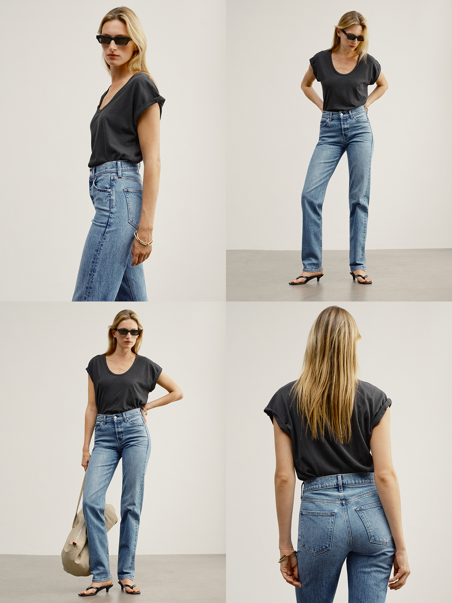 Shown in Yada Yada. Mid-to-high rise with a fitted waist, button fly, cute tush, tapered leg. 