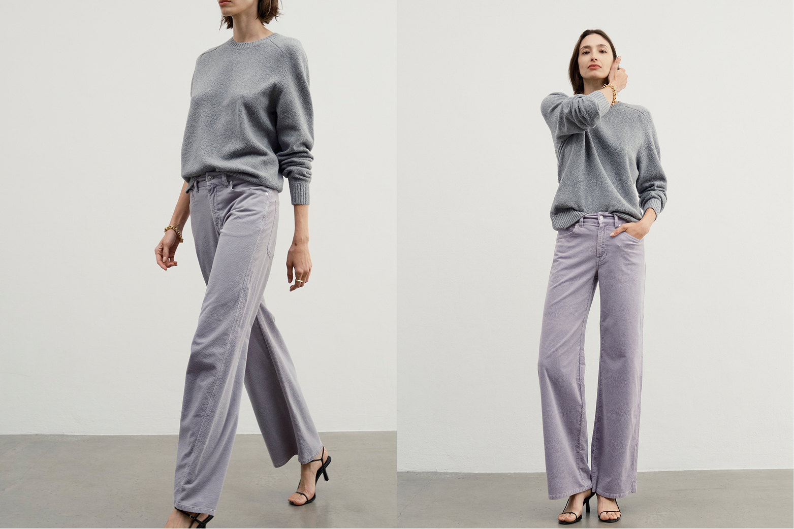 Shown in Skydust. Soft, light, and stretchy medium wale cotton corduroy in dusty soft purple. 