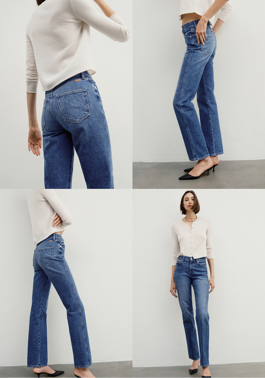 Shown in the wash, Russell. A rich medium wash with leg-lengthening creasing.