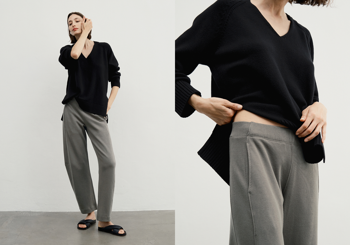 Shown in Seattle. A laidback pair of pull-on pants with an easy barrel leg.