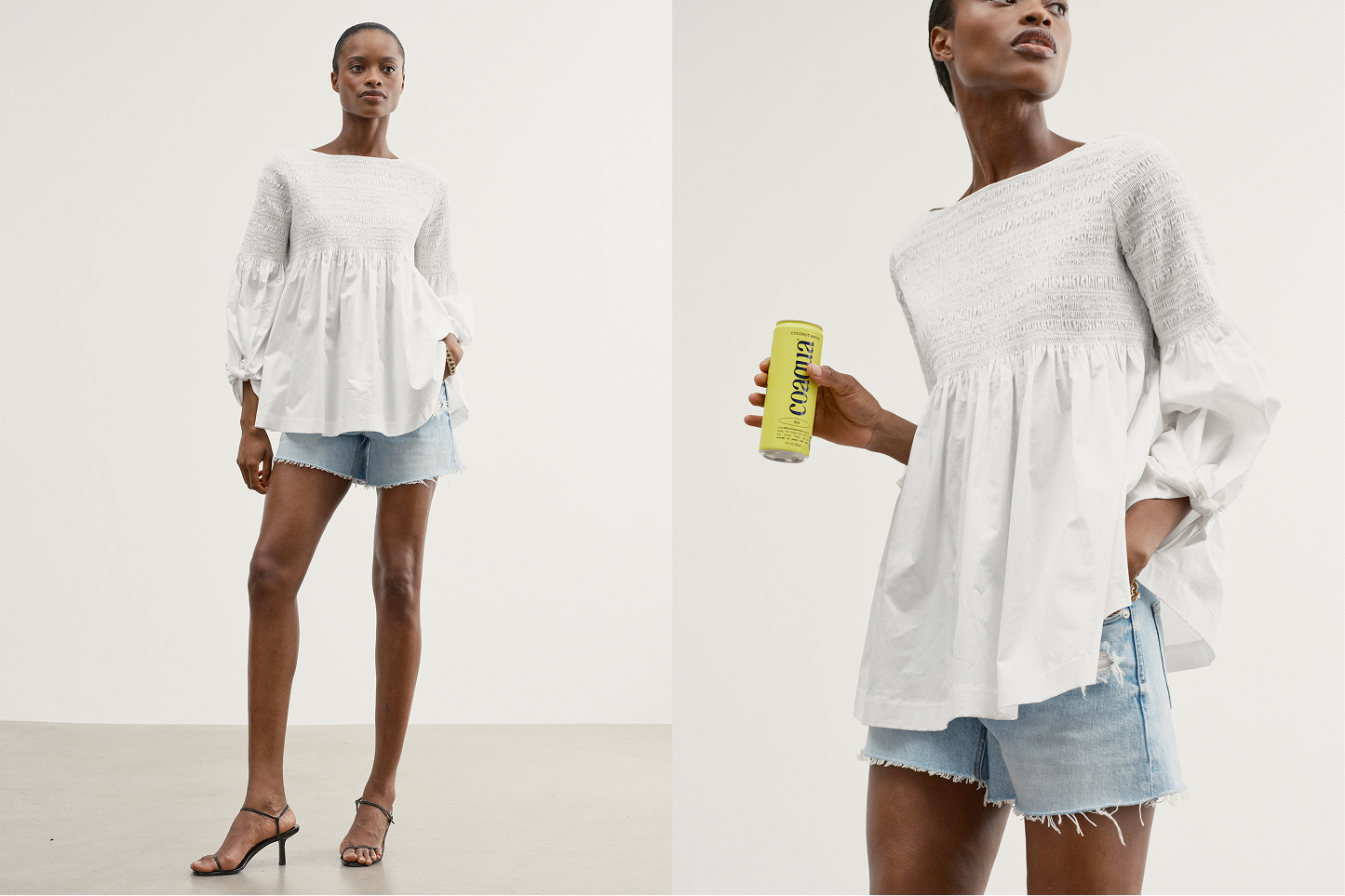 A feminine smocked bodice top with a voluminous skirted peplum that ends just below your tush.