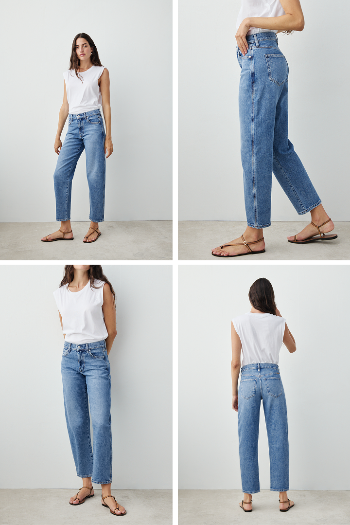 Anchors at the waist, then bows out into a laidback barrel leg.