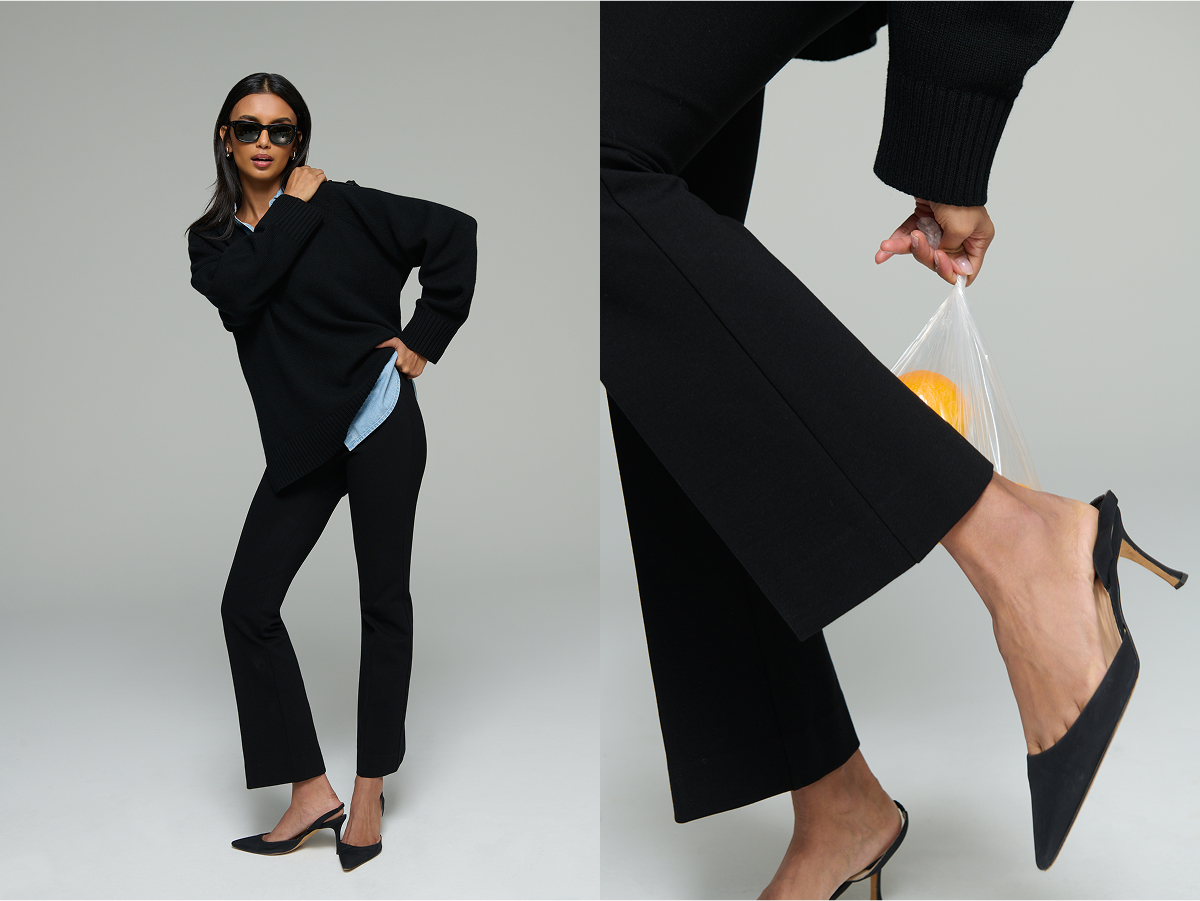 Cropped mini kick flare and a flattering hidden elastic waist. 