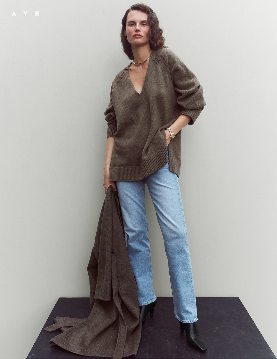 Introducing: The Very Cashmere Sweater. Classic V-neck cut with elegant, clean lines. Cozy voluminous body and barrel sleeves.