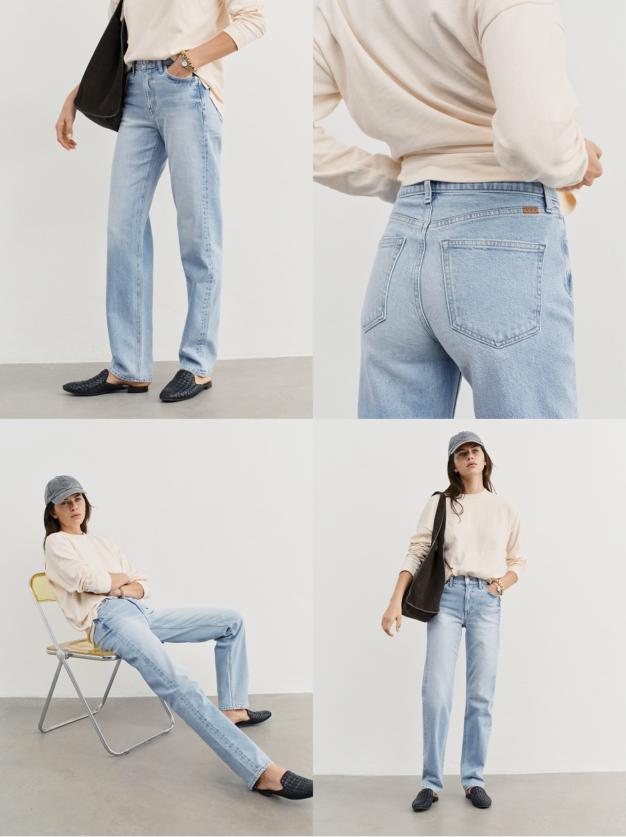 Shown in Kiki. Mid-to-high rise with a fitted waist, button fly, cute tush, tapered leg. 