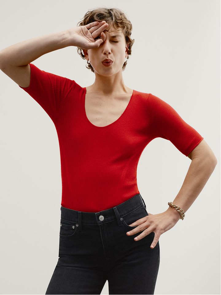 Shown in Fruit Punch. Feminine, open neckline and elbow-length sleeves.