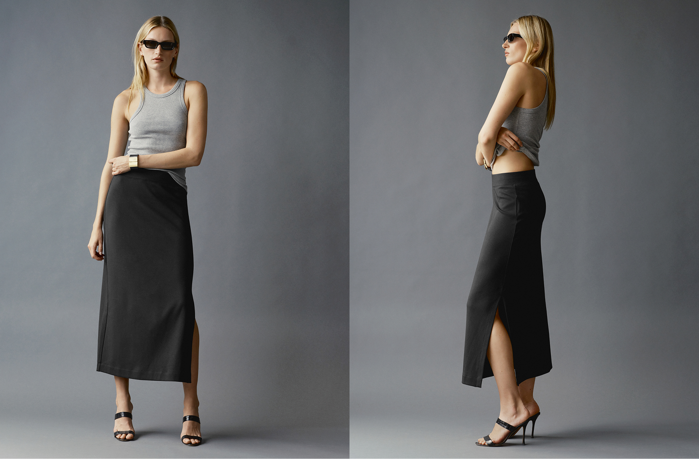 Shown in Black. Body-skimming column skirt.