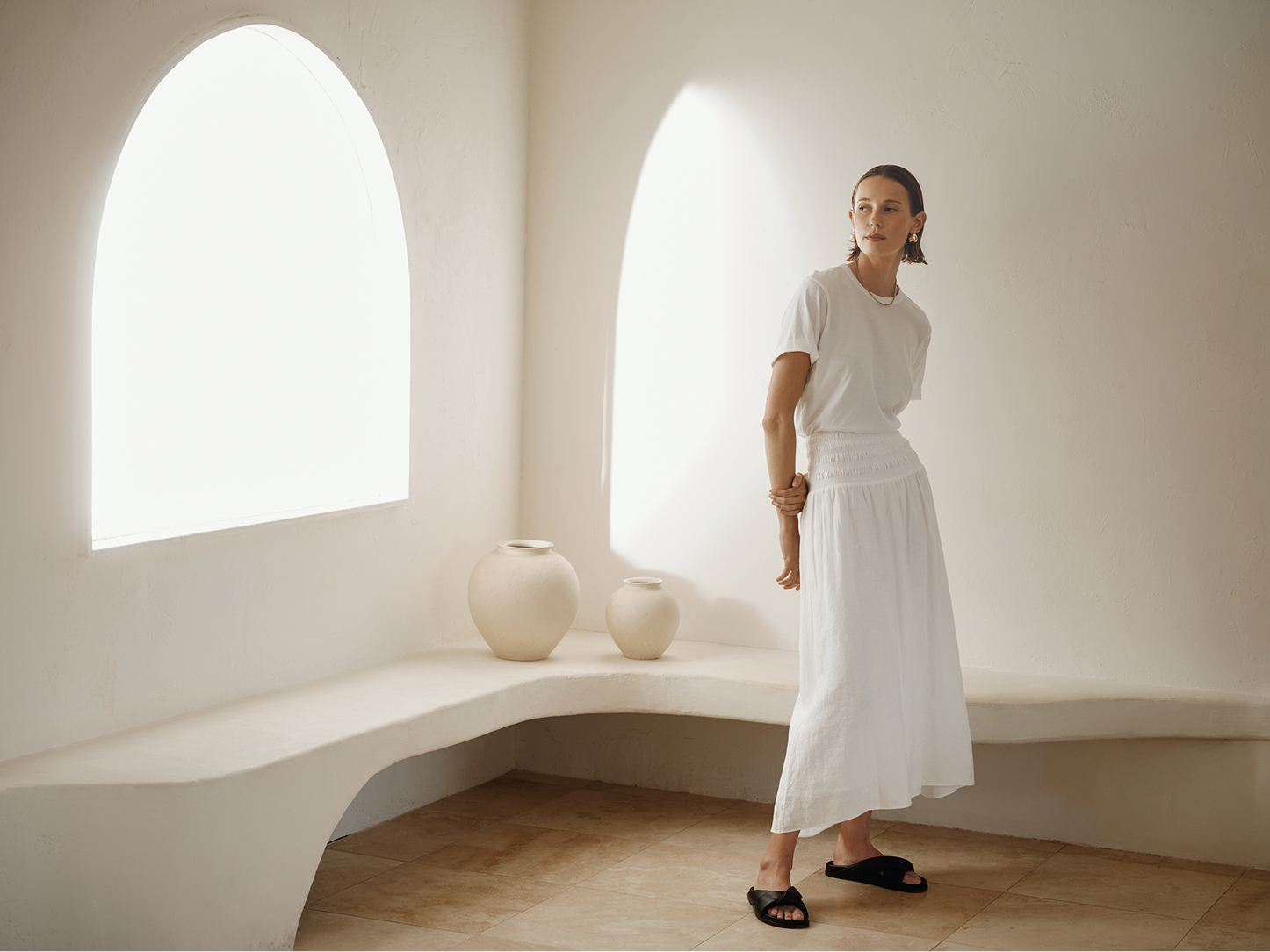 Feminine shirring with a stretchy waist that holds you in and lets you breathe