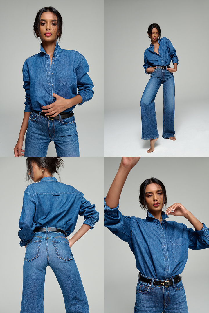  100% cotton denim with a dark wash and a soft hand. Milled in Italy. Snap closures. 