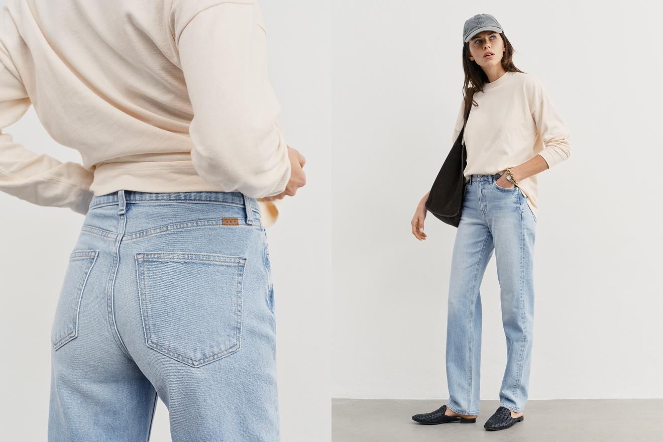 Mid-to-high rise with a fitted waist and a scooped-up backside. 