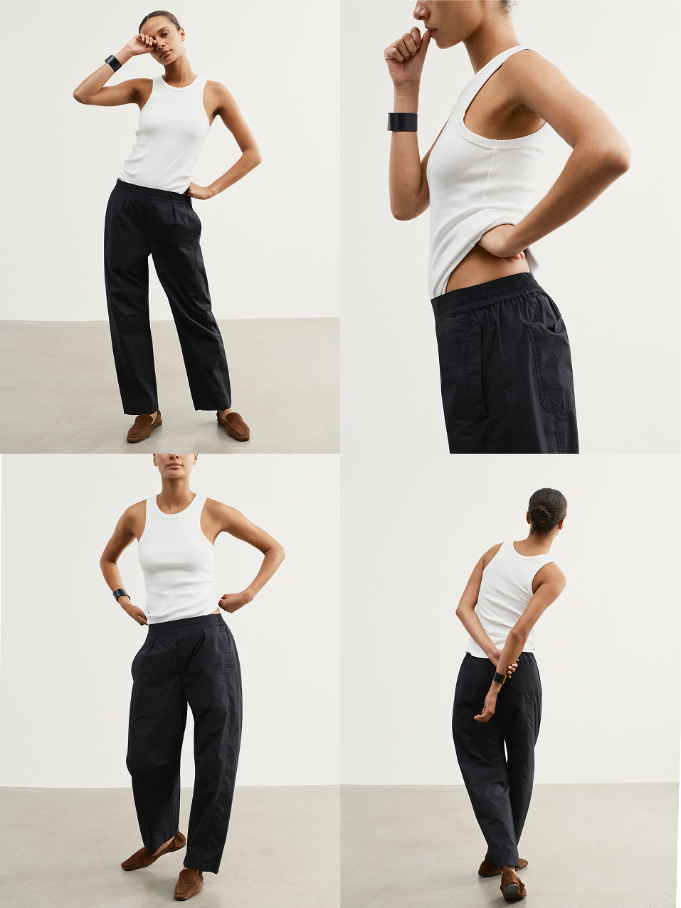 Shown in Black. Curved seams, knee pleats and a cropped length for an effortless, laidback shape.