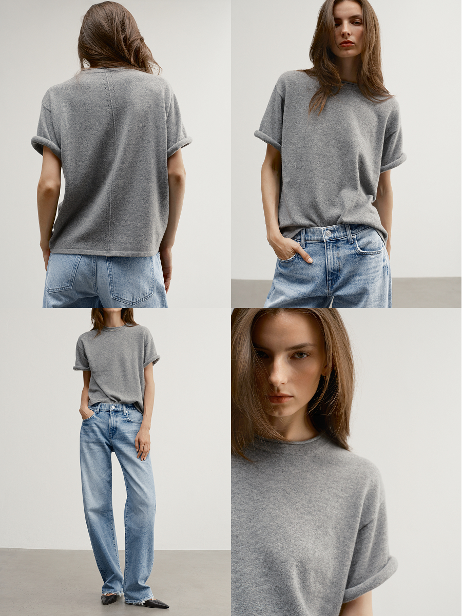 shown in heather gray. laidback luxury.