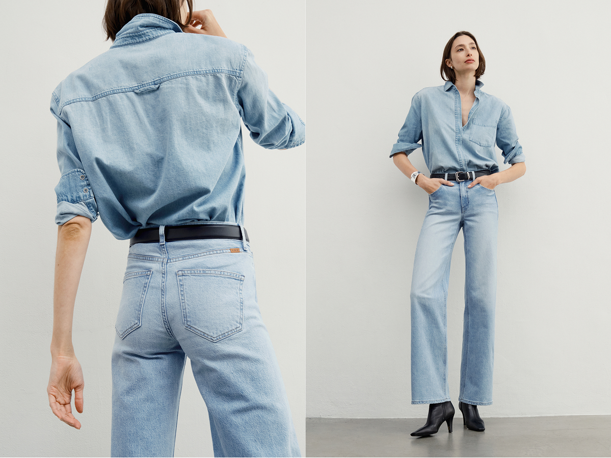 Shown in Air Kisses. 100% cotton denim with a soft hand.