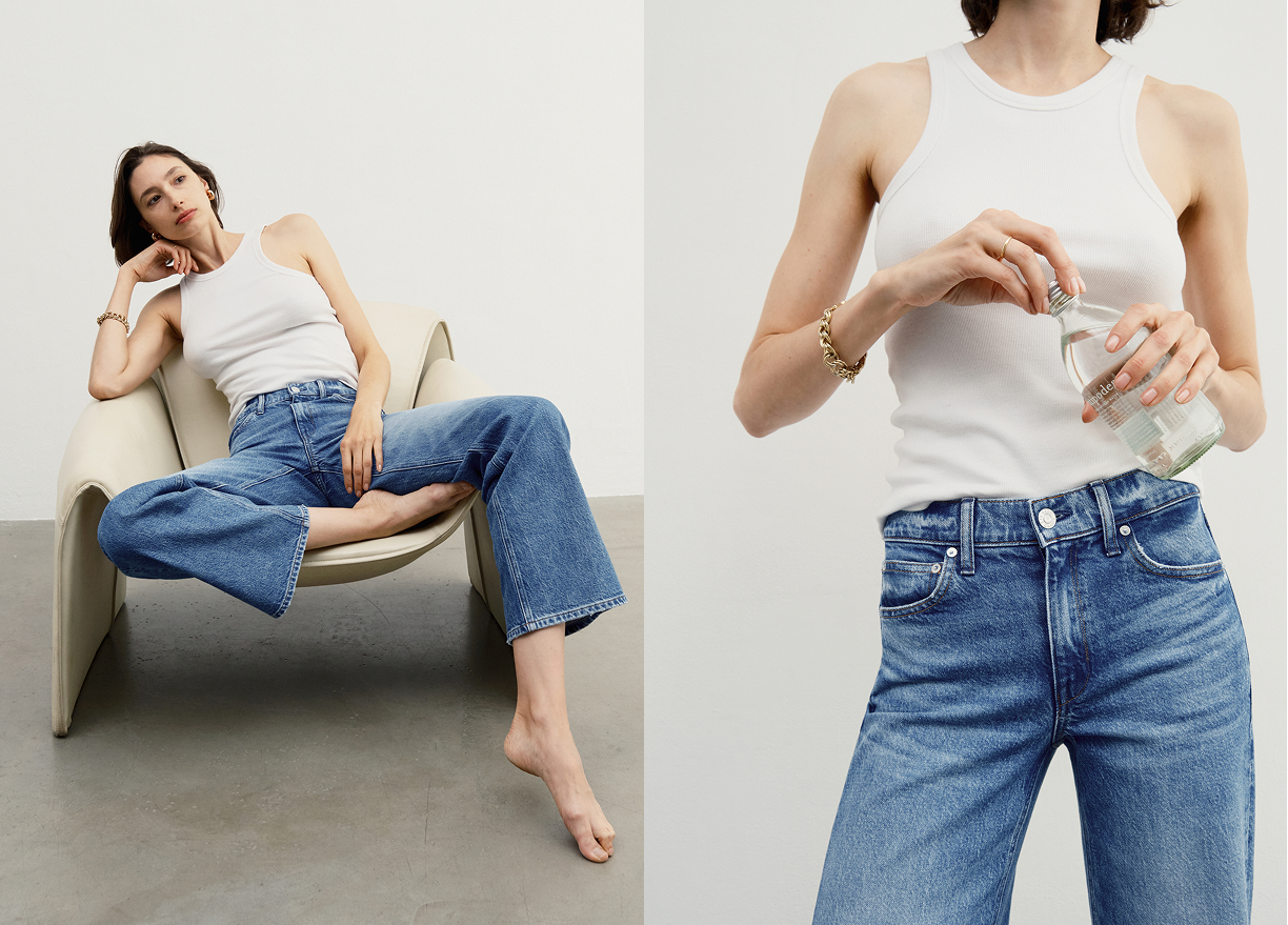 Shown in Good Mood. A timeless mid-blue wash with a vintage-inspired wear pattern.