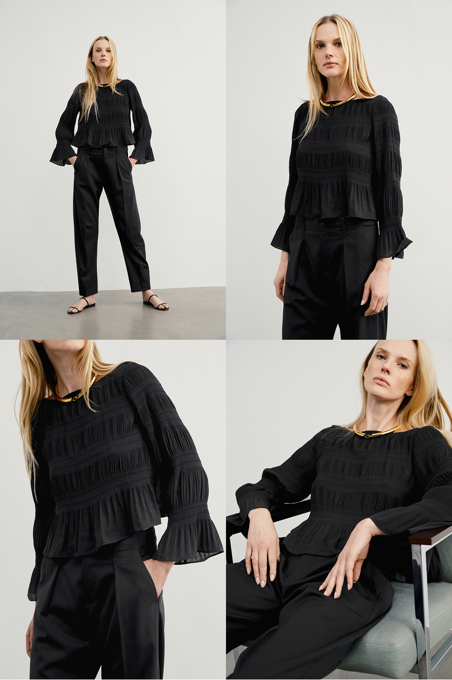 cropped peplum, bell sleeve, and a ballerina neckline.