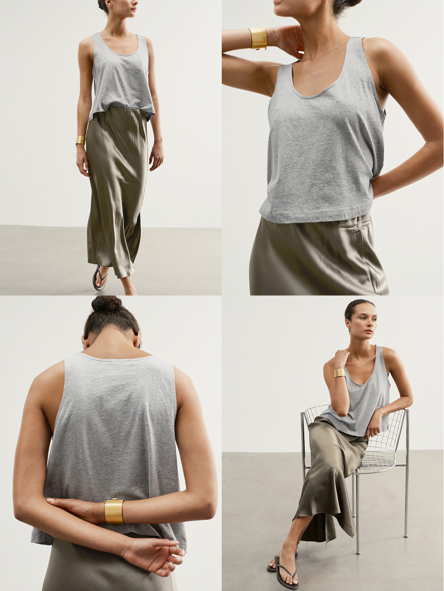 Shown in Heather Gray. A cropped, swingy A-line tank with an effortless scoop neck.