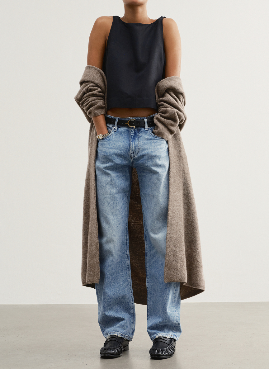 The Culture. Slouchy, relaxed, floats away from the body. Sits low on the hips, cute bum.