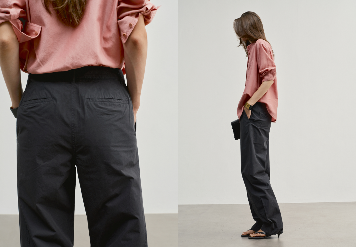 A pleated cotton trouser with soft volume and a slouchy attitude.