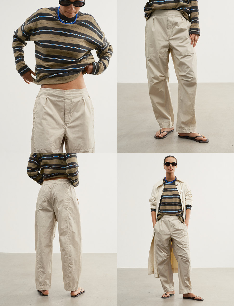 Shown in Sand. A low-slung resort pant in crisp Italian cotton poplin. 