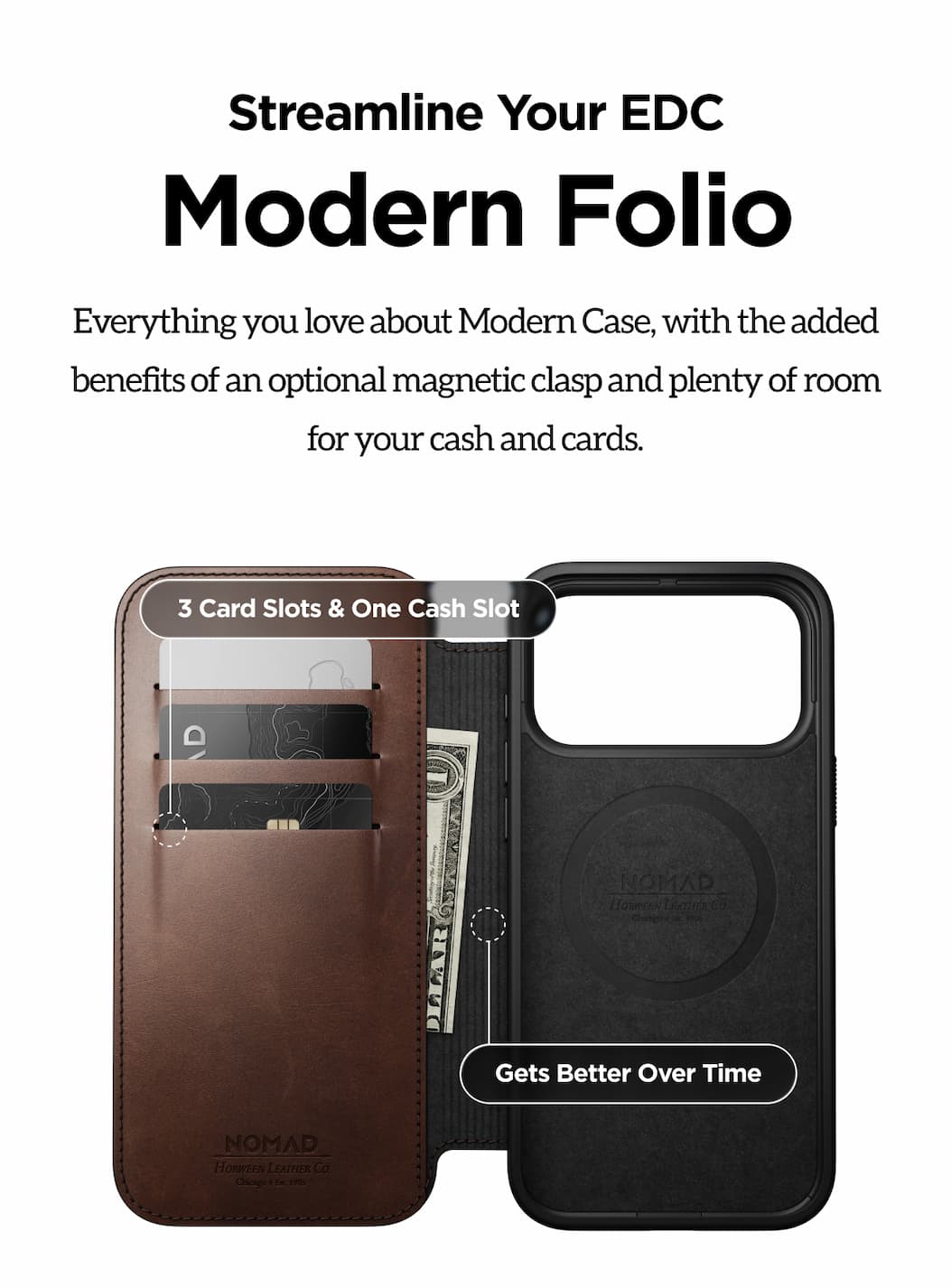 Streamline Your EDC. Modern Folio. Everything you love about Modern Case, with the added benefits of an optional magnetic clasp and plenty of room for your cash and cards.