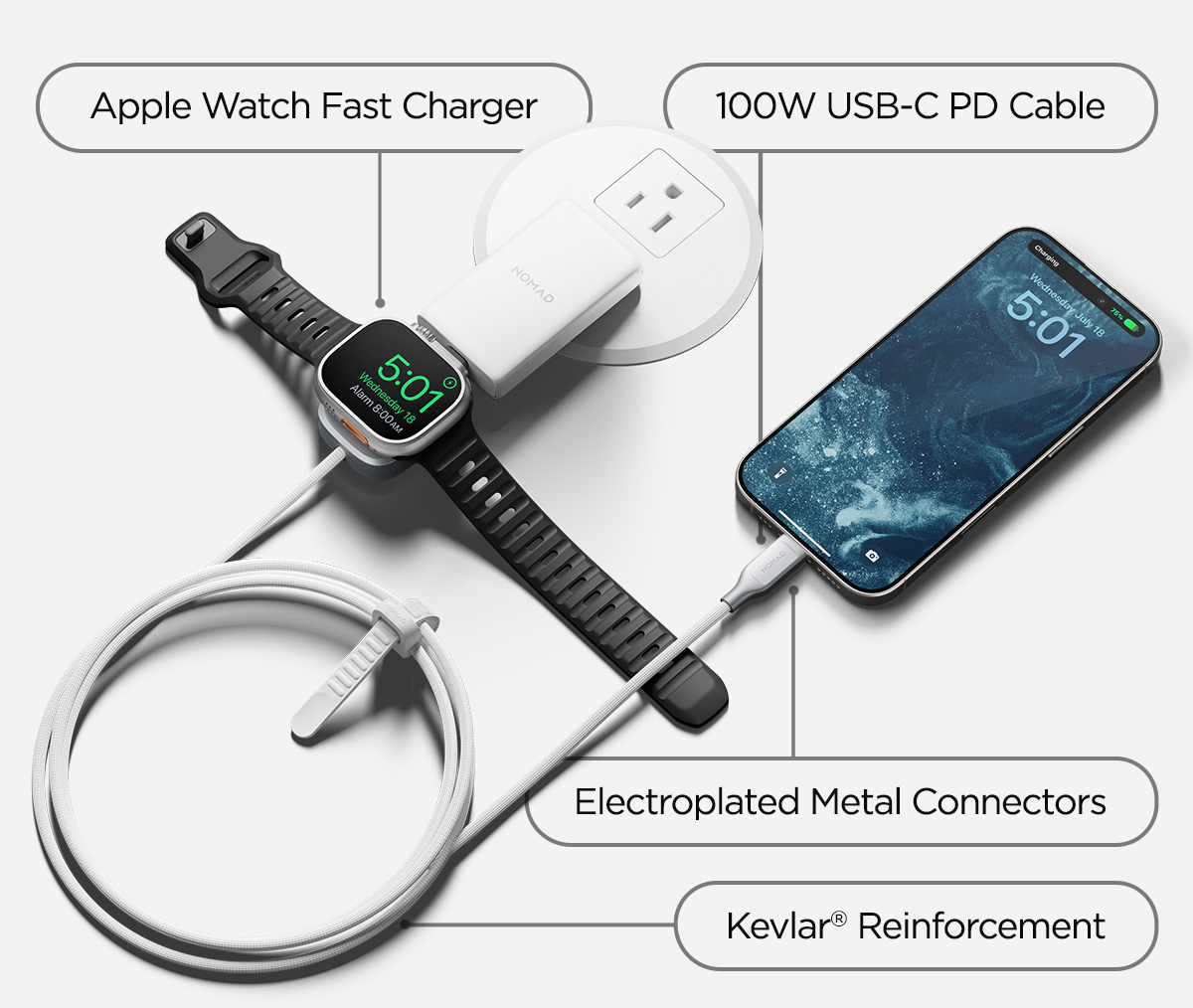 Apple Watch Fast Charger. 100w USB-C PD Cable. Electroplated Metal Connectors. Kevlar Reinforcement.