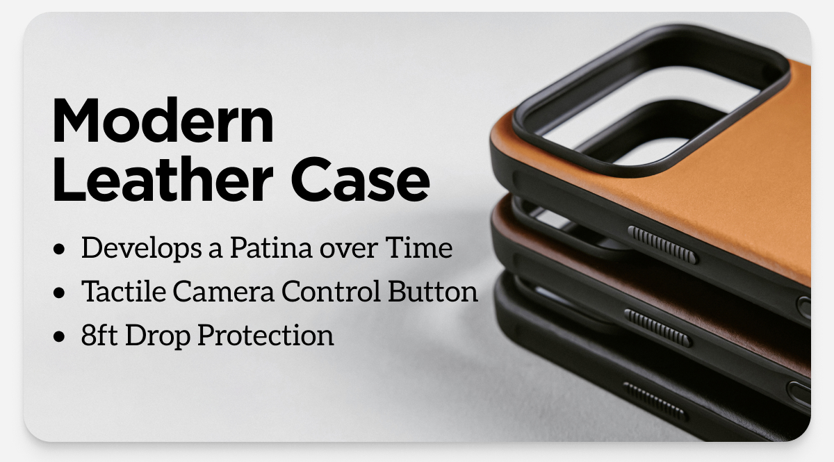 Modern Leather Case. Develops a Patina over Time. Tactive Camera Control Button. 8ft Drop Protection.