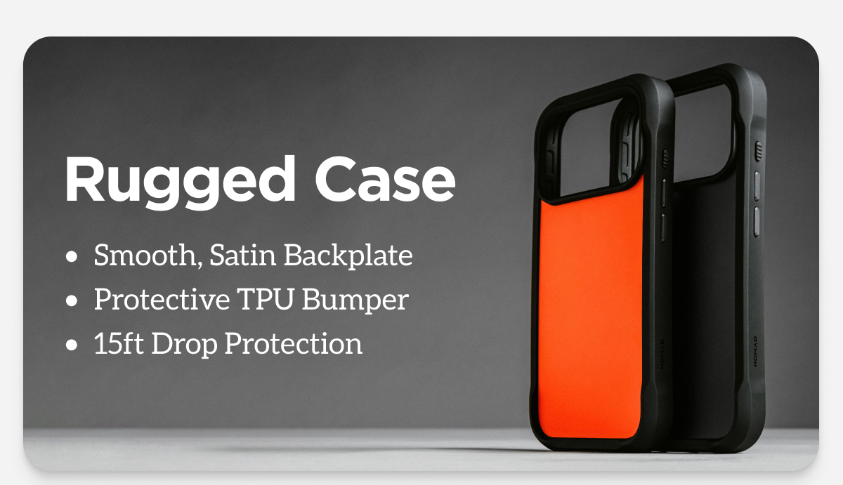 Rugged Case. Smooth, Satin Backplate. Protective TPU Bumper. 15ft Drop Protection.