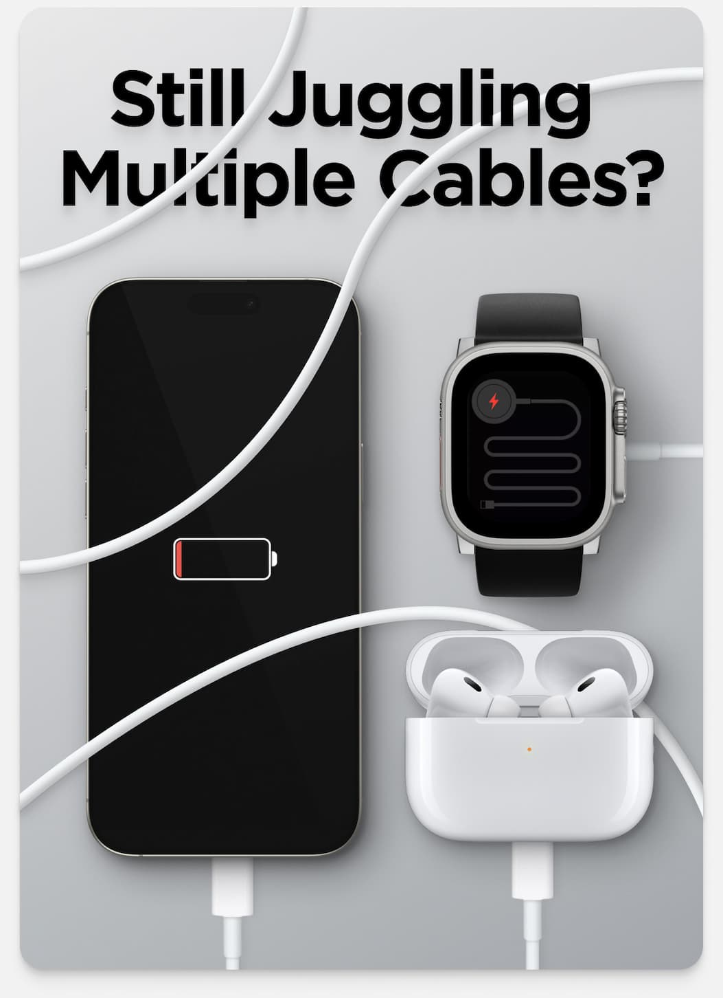 Still Juggling Multiple Cables? You don't have to. Base One Max makes charging effortless. This charging hub does away with tangled cords and cluttered outlets to provide an intuitive, visually striking charging experience. Just pop each device into place and power up. Shop Base One Max.