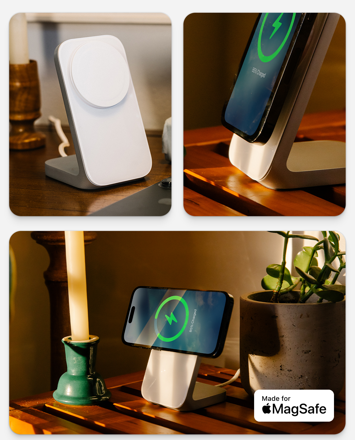 Finally, A Charger Worthy of Your Home. Meet Stand One. Machined from solid metal and finished with premium glass, Stand One fast charges your iPhone at the perfect viewing angle. Plus, flip your phone horizontally to make the most of StandBy. Get it Now