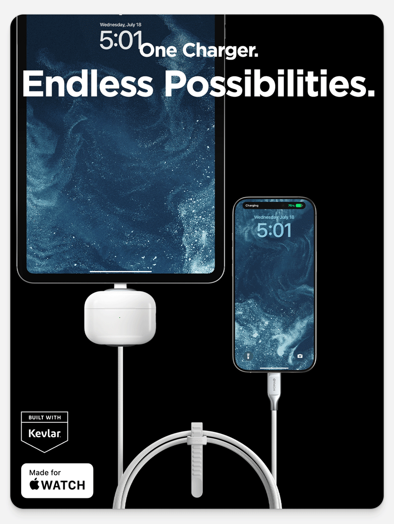 One Charger. Endless Possibilities. Universal Cable fast charges your USB-C devices and is built with a Kevlar-reinforced sheath for lasting durability so you can stay charged anywhere and travel with confidence.