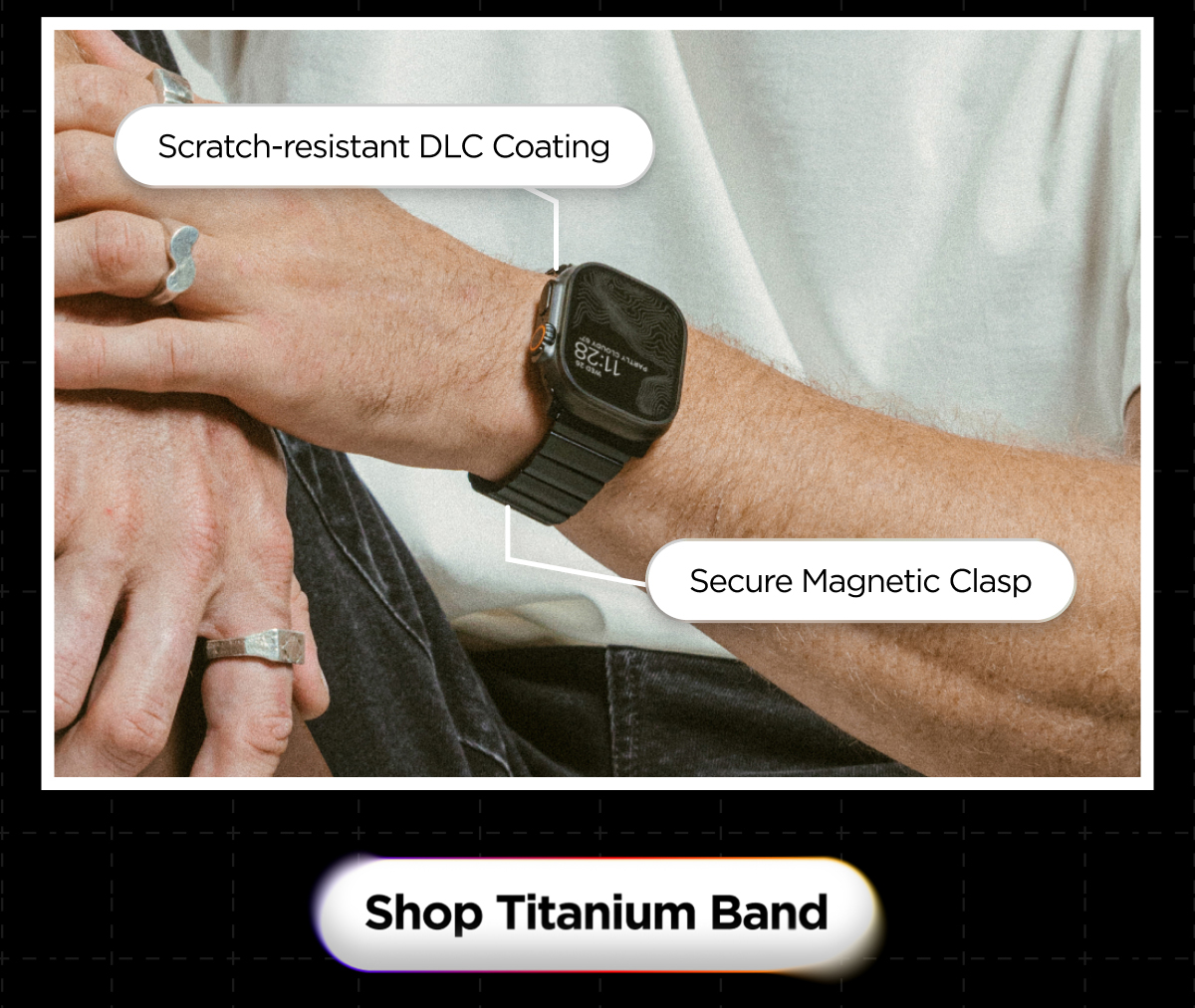 Scratch-resistant DLC Coating. Secure Magnetic Clasp. Shop Titanium Band.