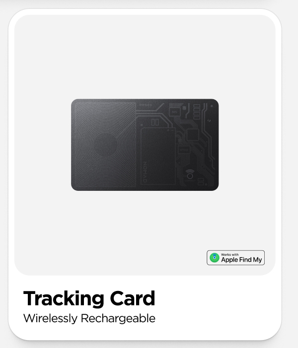 Tracking Card in Black. Wirelessly Rechargeable.