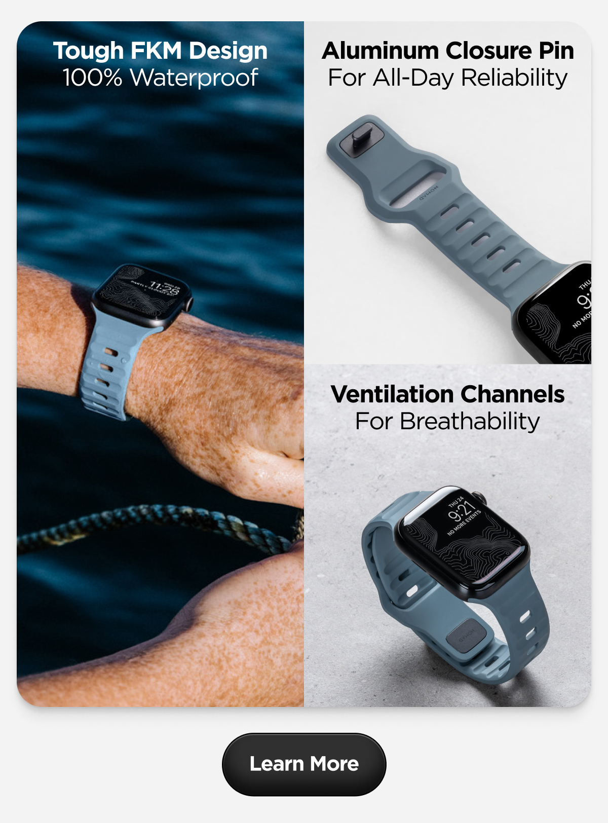 Tough FKM Design. 100% Waterproof. Aluminum closure pin. For all-day reliability. Ventilation channels for breathability. Learn more.