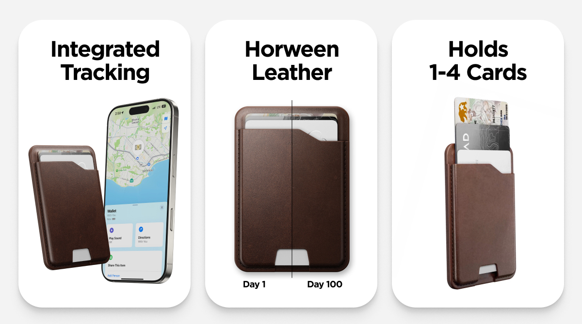 Integrated Tracking. Horween Leather. Holds 1-4 Cards