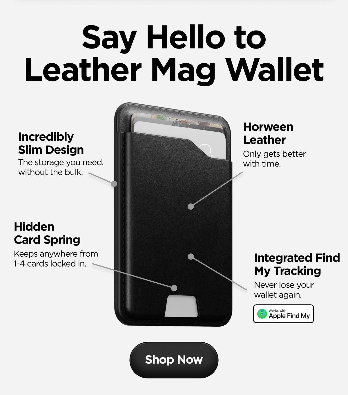 Say Hello to Leather Mag Wallet. Incredibly Slim Design. Horween Leather. Hidden Card Spring. Integrated Find My Tracking. Shop Now.
