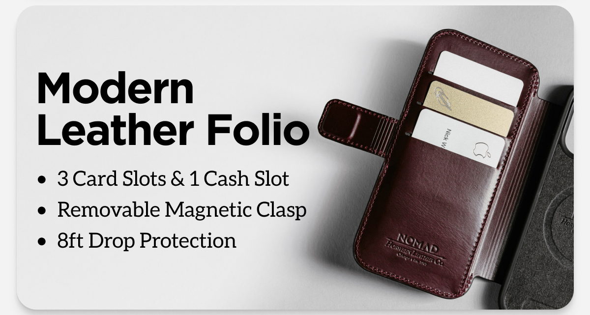 Modern Leather Folio. 3 Card Slots & 1 Cash Slot. Removable Magnetic Clasp. 8ft Drop Protection.
