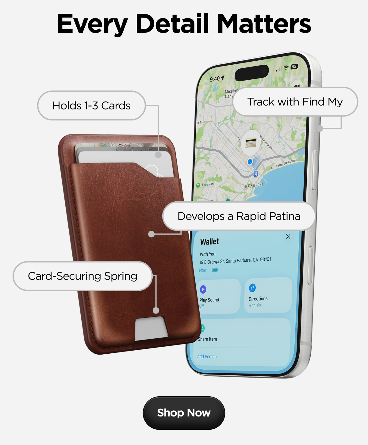 Every Detail Matters. Holds 1-3 Cards. Track with Find My. Develops a Rapid Patina. Card-Securing Spring. Shop Now.