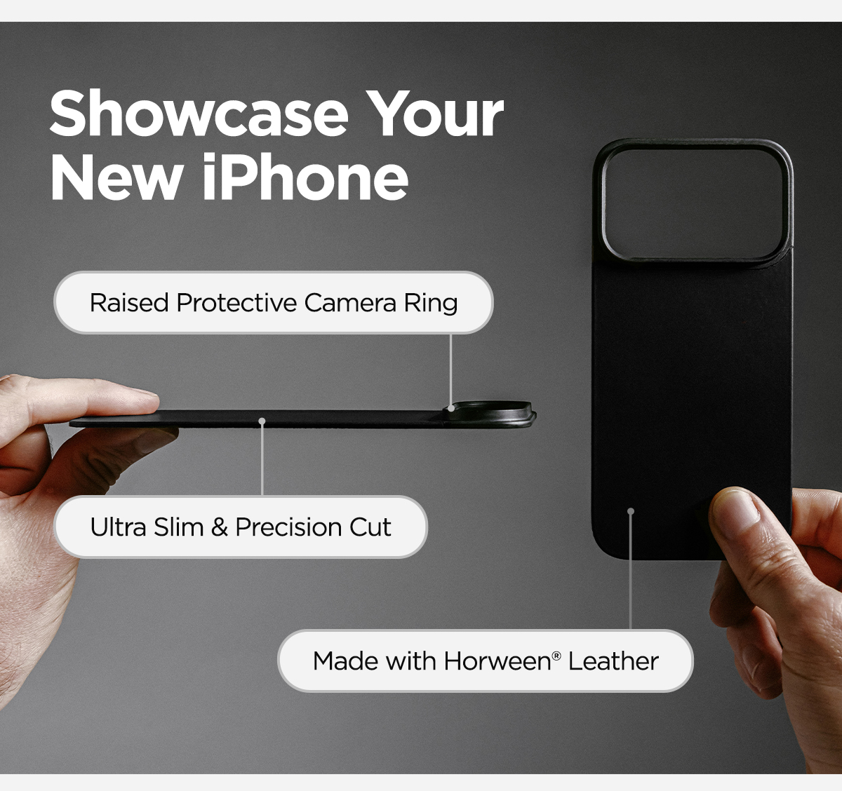 Showcase your new iPhone. Raised Protective Camera Ring. Ultra Slim & Precision Cut. Made with Horween Leather.