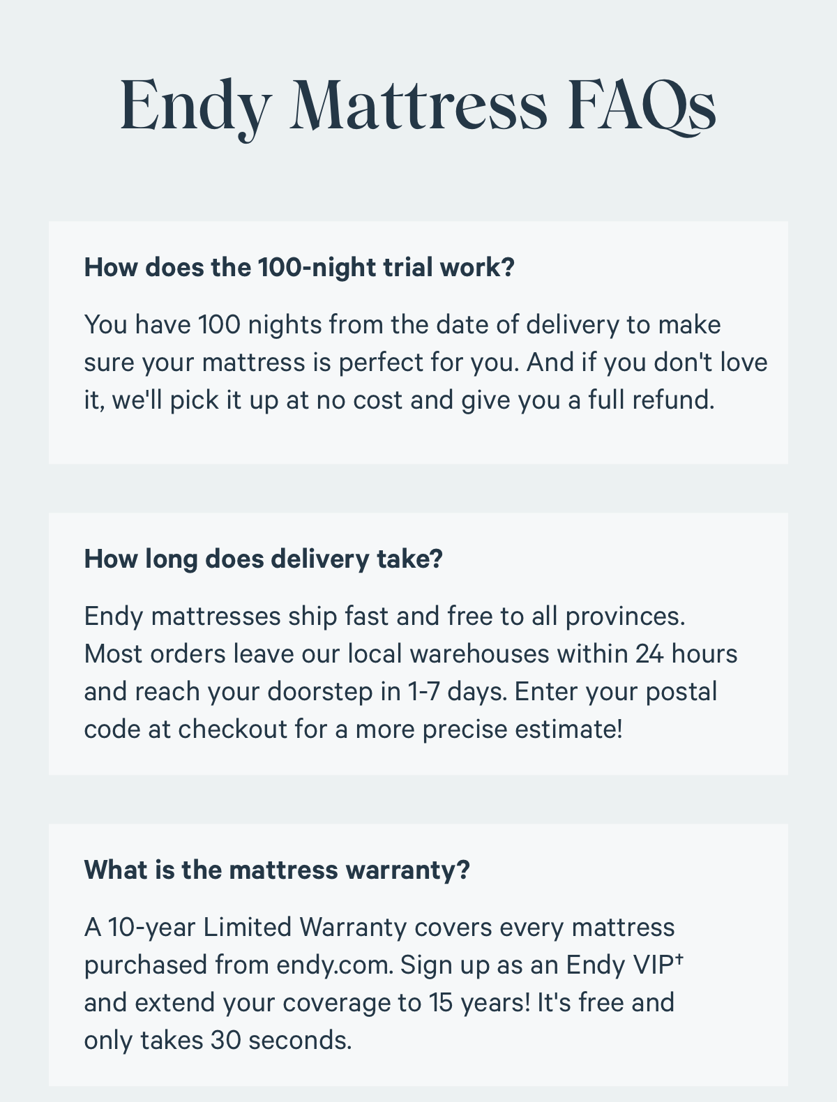 Endy Mattress FAQs. How does the 100-night trial work? You have 100 nights from the date of delivery to make sure your mattress is perfect for you. And if you don't love it, we'll pick it up at no cost and give you a full refund. How long does delivery take? Endy mattresses ship fast and free to all provinces. Most orders leave our local warehouses within 24 hours and reach your doorstep in 1-7 days. Enter your postal code at checkout for a more precise estimate! What is the mattress warranty? A 10-year Limited Warranty covers every mattress purchased from endy.com. Sign up as an Endy VIP† and extend your coverage to 15 years! It's free and only takes 30 seconds.