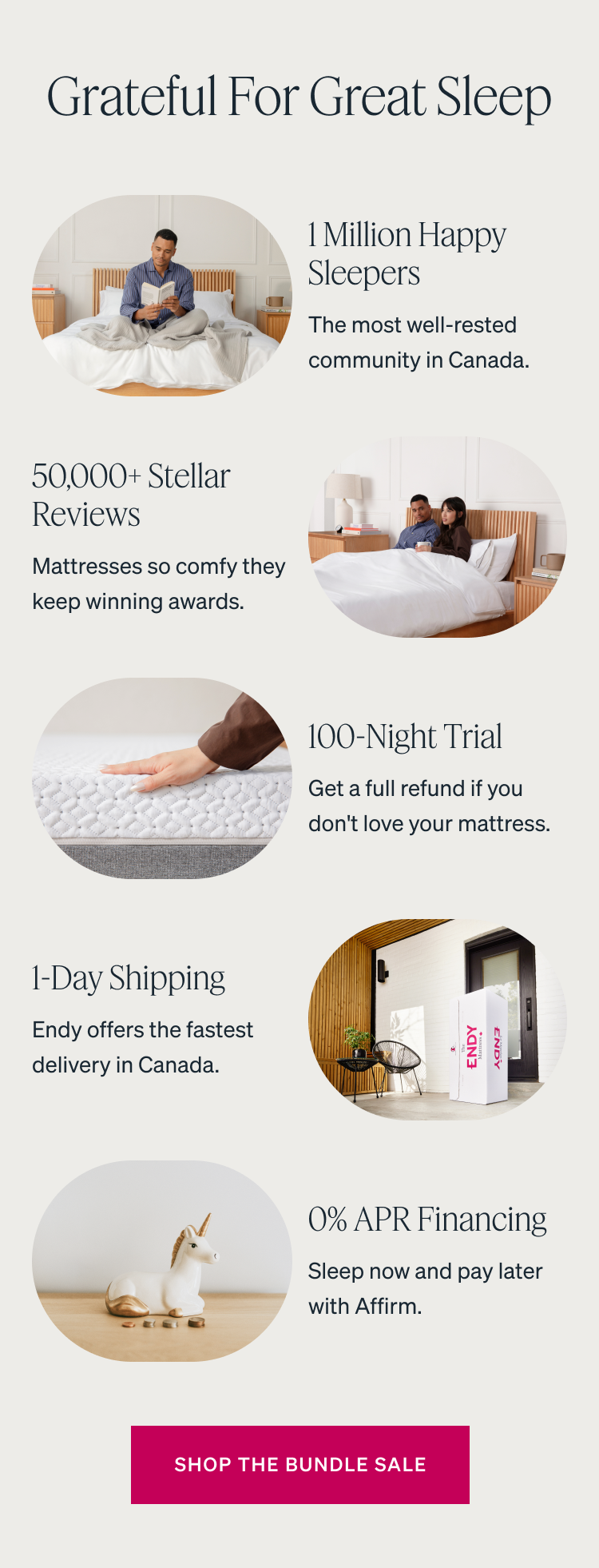 Grateful for Great Sleep 1 Million Happy Sleepers. The most well-rested community in Canada. 50,000+ Stellar Reviews. Mattresses so comfy they keep winning awards. 100-Night Trial. Get a full refund if you don't love your mattress. 1-Day Shipping. Endy offers the fastest delivery in Canada. 0% APR Financing.