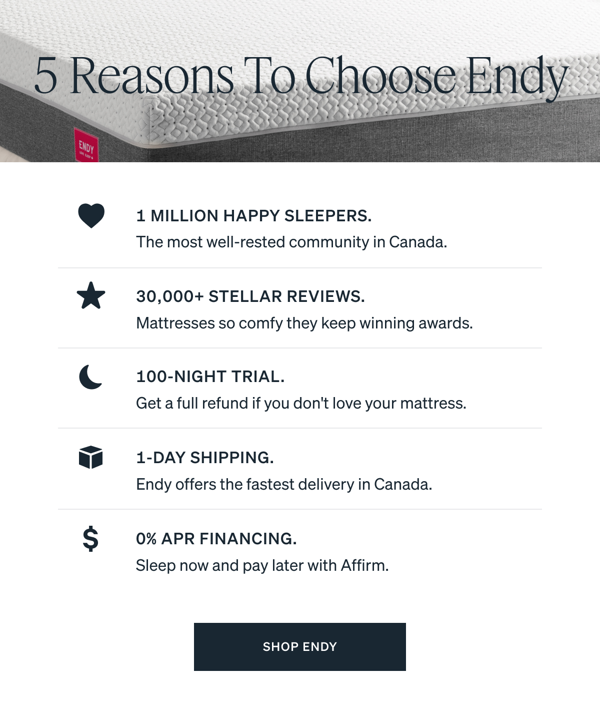5 Reasons To Choose Endy. 1 Million Happy Sleepers. The most well-rested community in Canada. 30,000+ Stellar Reviews. Mattresses so comfy they keep winning awards. 100-Night Trial.