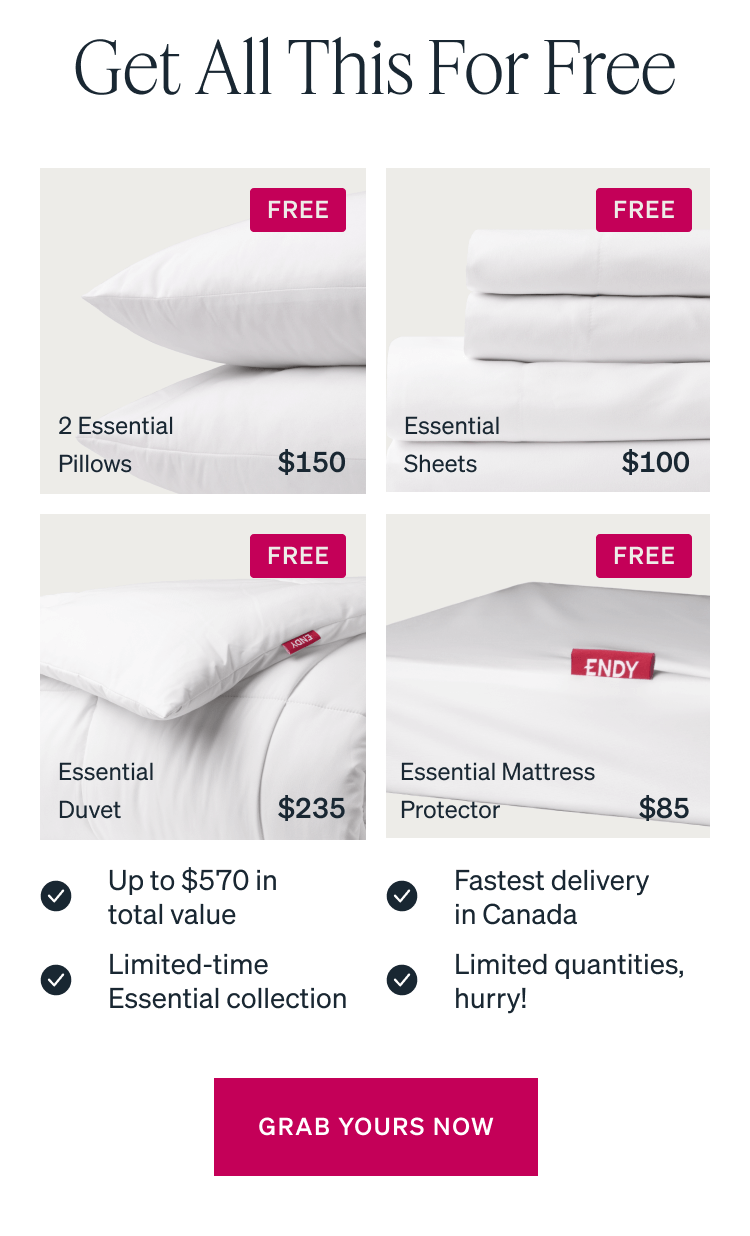 SHOP THE SALE. Free Until Tonight Only. 2 Essential Pillows $150. Essential Sheets $100. Essential Duvet $235. Essential Mattress Protector $85.