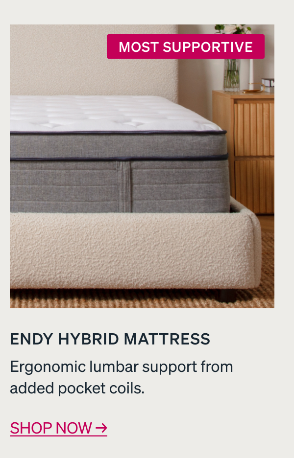 EXTRA SUPPORT Endy Hybrid Mattress Ergonomic lumbar support from added pocket coils. Shop now → Now in Plush!